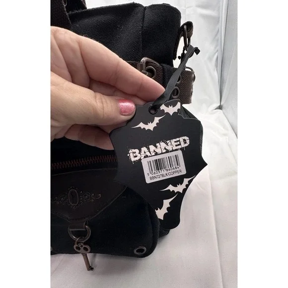 Banned Alternative DOOM LAGOON HANDBAG Steampunk Key Canvas Black Copper NWT - Picture 9 of 16